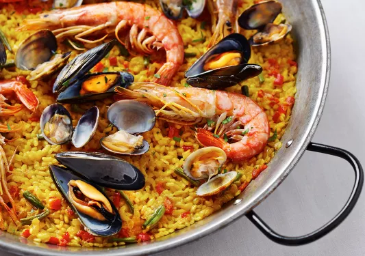 Close-up of seafood paella.