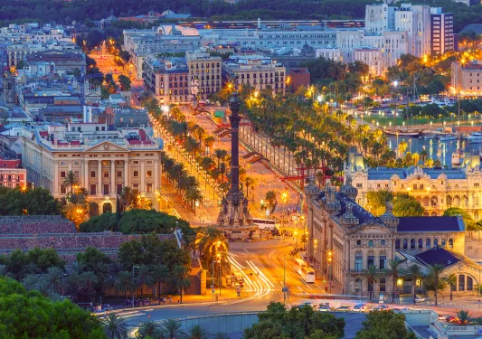 Bird's eye shot of Plaça d'Espanya, Barcelona. Lights illuminating.
