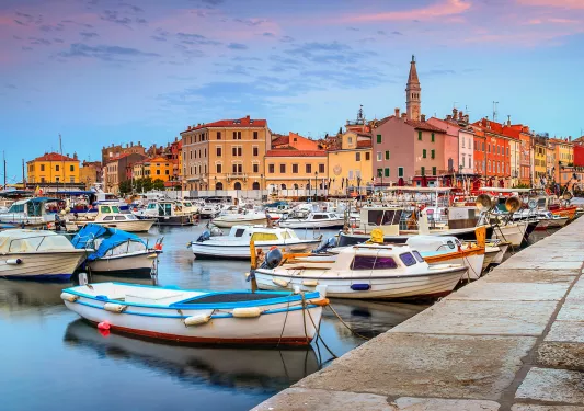 Stunning romantic old town of Rovinj with magical sunrise,Istrian Peninsula,Croatia,Europe