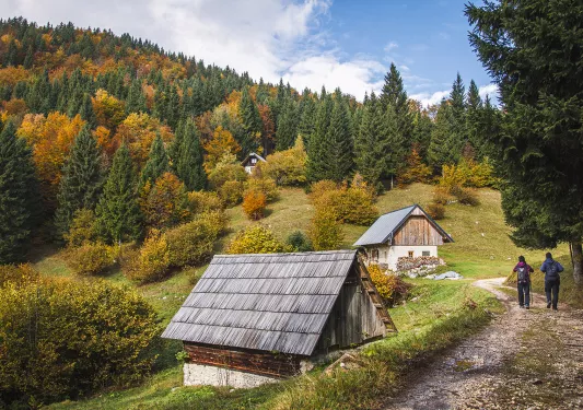 Two hikers walking on a trail past small wooden huts.