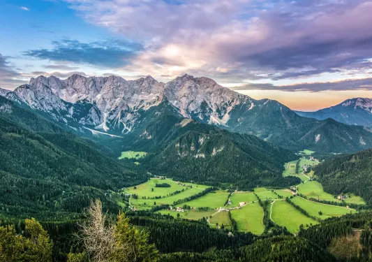 Aerial view of valley of Jezersko in Slovenia