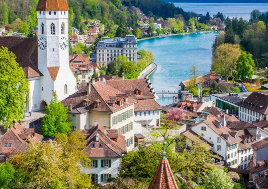 Wide shot of Thun Castle.