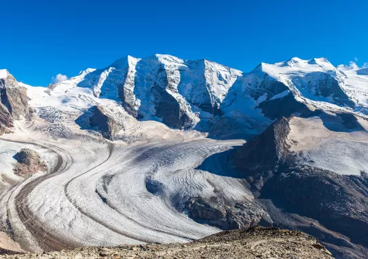 Snowy mountain trails in the Swiss Alps.