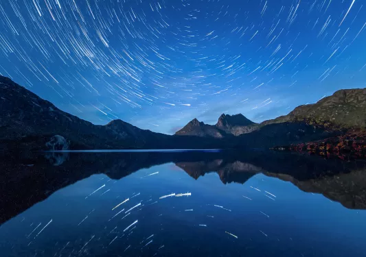 Star trails over Cradle Mountain, Tasmania.