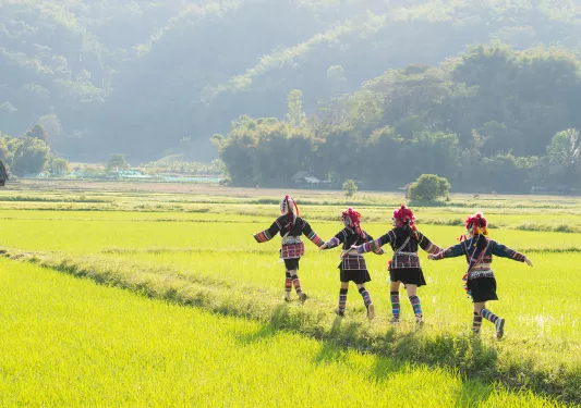 Thai people in traditional clothes running through a green field