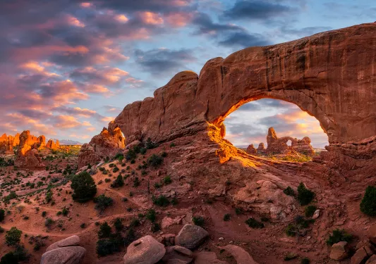 Rock arch at sunset