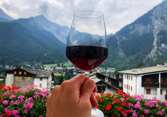 Point of view shot of a wine glass, mountain town, range in distance. 