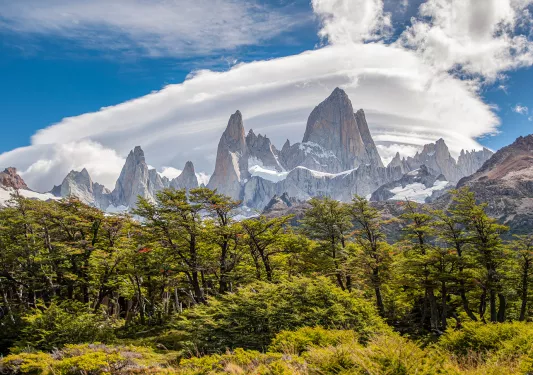 Wide shot of jagged mountains, large cloud behind them, large trees and bushes in foreground.