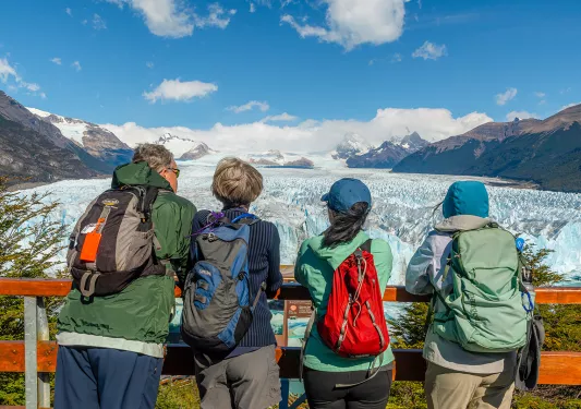 Four guests looking out from ship deck towards glacial vista.