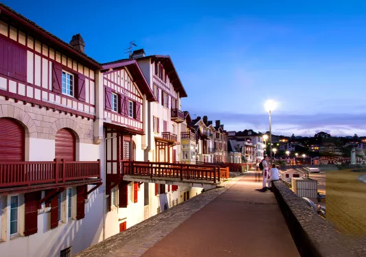 Traditional Labourdine Houses of Saint de Luz at Night, Basque Country, France