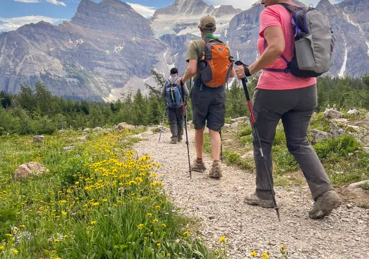 Three guests hiking down meadow trail, Rockies in background.