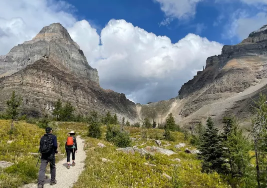 Two guests walking down meadow trail, two large mountain faces in distance.