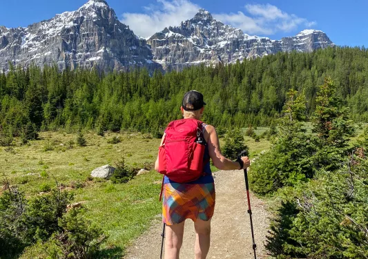 Rear shot of guest w/ poles hiking down path, mountains in background.