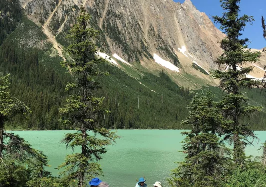 Group of guests on lakeside, overlooking lake, trees, mountains.
