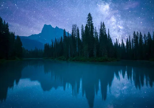 Lake, mountain, forest, vibrant nighttime vista.