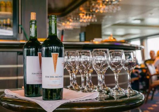 Shot of Fin Del Mundo wine bottles, glasses.