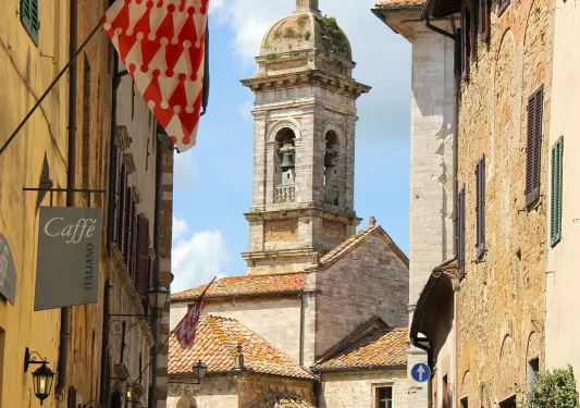Shot of San Quirico town square.