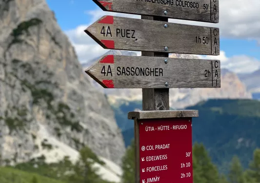 Close-up of directional sign on hillside. Numerous trails listed.