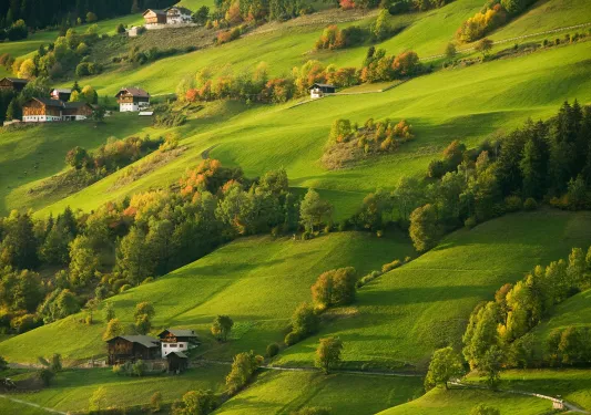 Wide shot of green, hilly plains.