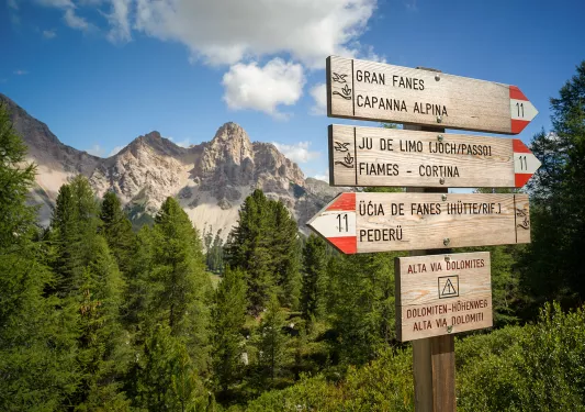 Shot of Dolomite signage, numerous trails listed.