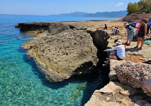 Group of guests sitting on small cliff over ocean, large boulder in water in front of them.