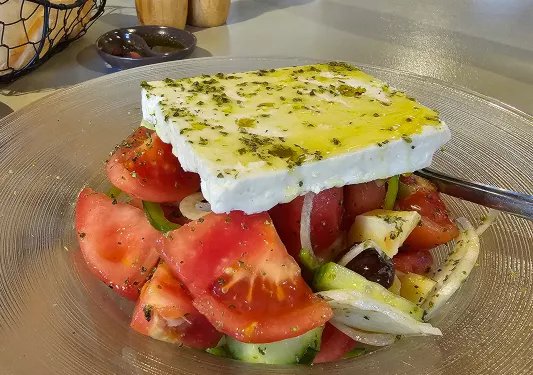 Close-up of rustic Greek salad.