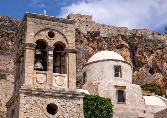 Close-up of buildings in Monemvasia, Greece.