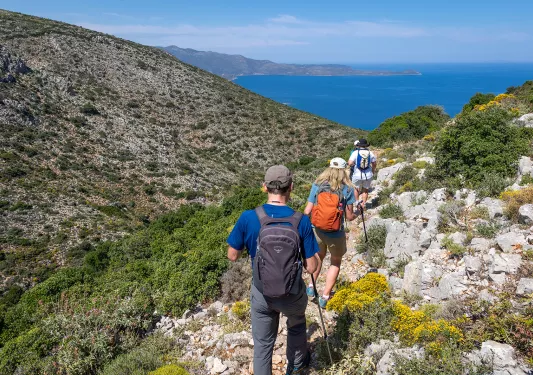 Four guests walking down craggy rock hills, towards valley, ocean.