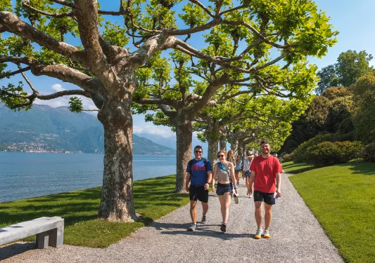 Group of guests walking beside lake, trees, bench to their right.