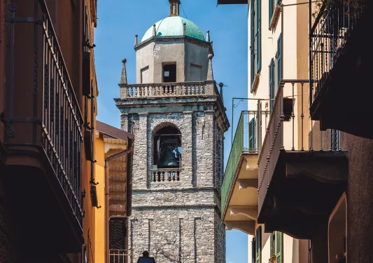 Shot of Church of San Giacomo from alleyway.