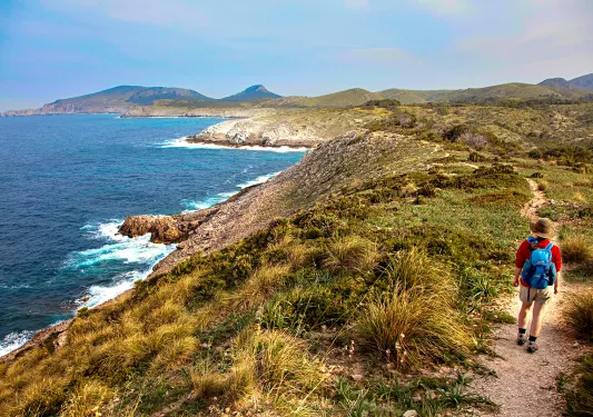 Guest walking beside ocean, towards golden hilly vista.