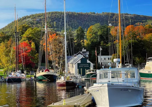 Shot of pier, numerous sailboats, forest, ocean visible.