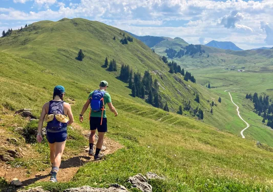 Two hikers on trail in grassy field in Bavaria.