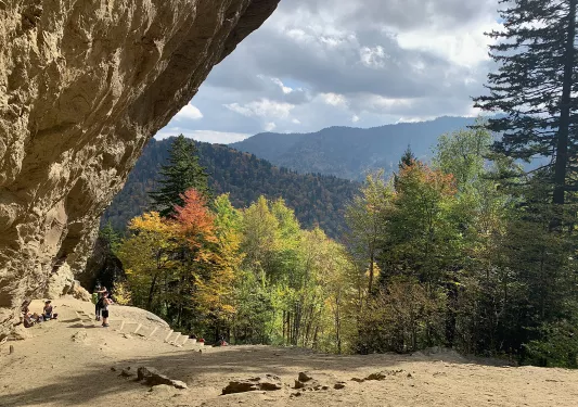 Guest walking under large cliff-face. Forest in background.