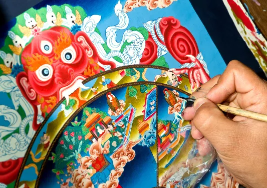 Artist Painting a Colorful Thangka in Kathmandu Valley