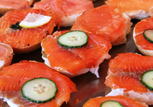 Fresh salmon topped with cucumber