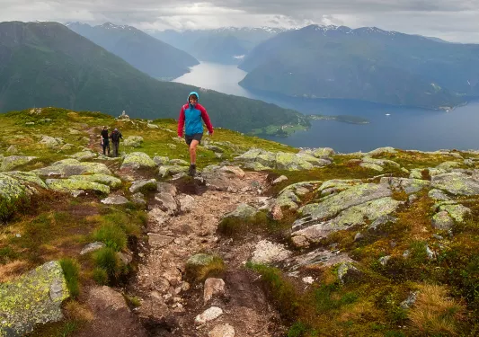 Hiker exploring a foggy Norwegian hillside