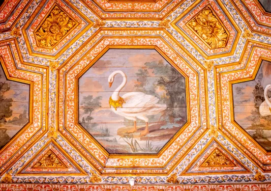 Shot of colorful, painted roof art.