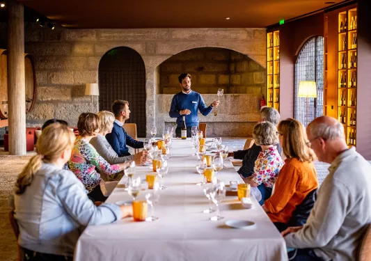 Guests at winery table, listening to local.