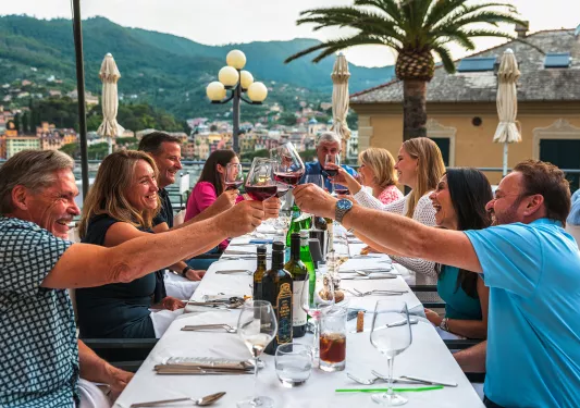Group of guests at dinner, cheersing wine glasses.