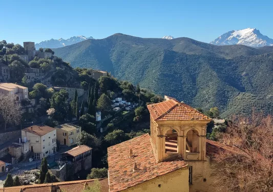 Wide shot of mountainside town, large valley, trees, snowy peak in distance.