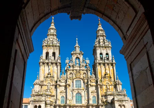 Shot through archway of the Cathedral of Santiago de Compostela.