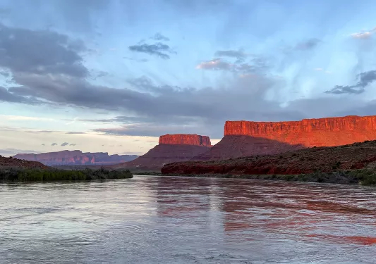 Mountains and river at sunset