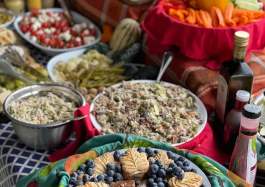 Fall lunch spread, stuffing, cookies, berries, meats, etc.