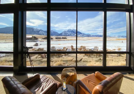 View of Rocky mountain landscape from hotel lobby