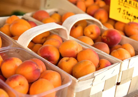 Fresh apricots in baskets at a market.