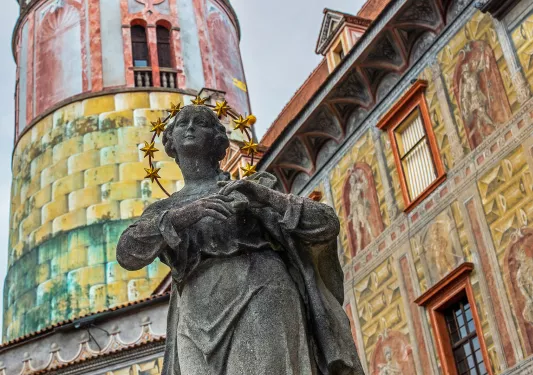 View of the historic Český Krumlov Castle Tower located in the town of the same name Český Krumlov (Krumau).