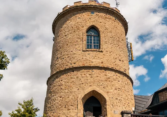 Josefs lookout tower and Terezas cottage at Mount Klet in Blansky forest in summer. South Bohemian Region, Czech Republic.