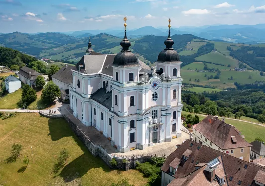 Aerial drone shot of Basilica Sonntagberg in Austria.