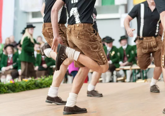 Young men doing an Austrian traditional folk dance.